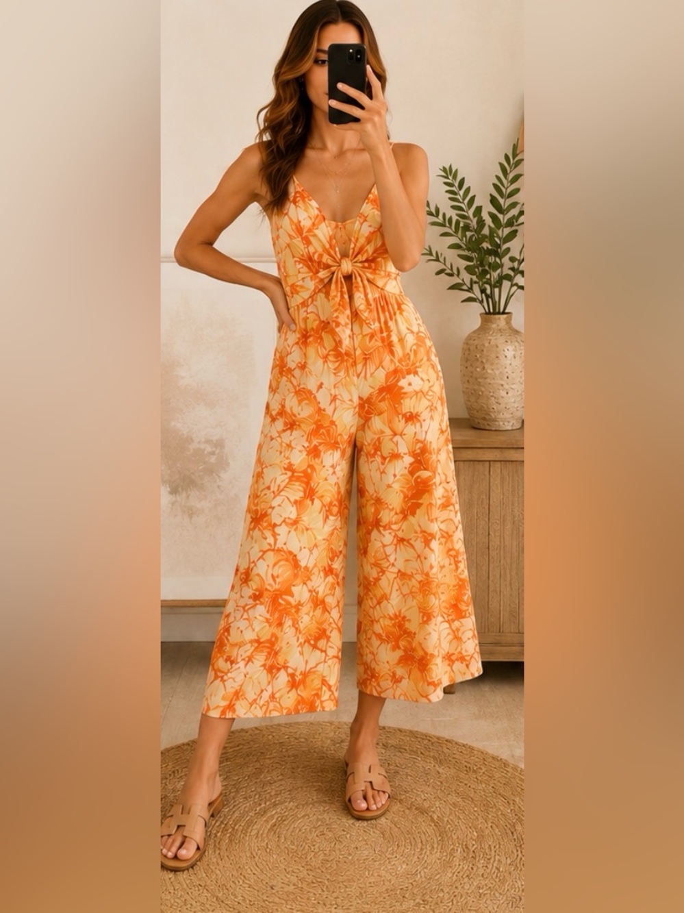 Timing Orange Floral Tie-Front Wide Leg Jumpsuit